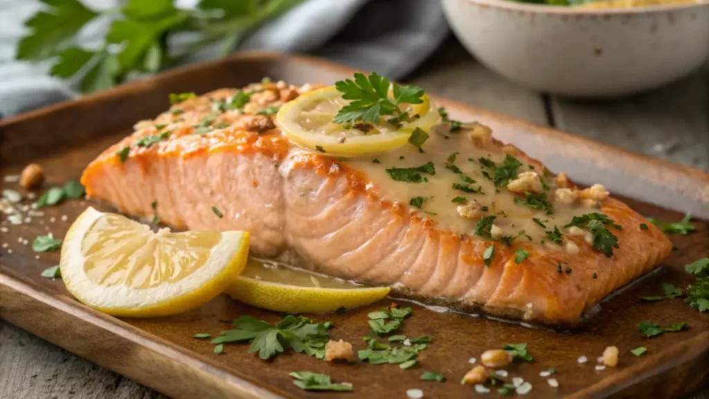A golden-baked salmon fillet topped with garlic, Dijon glaze, and a lemon slice, garnished with fresh parsley, served on a rustic platter.
