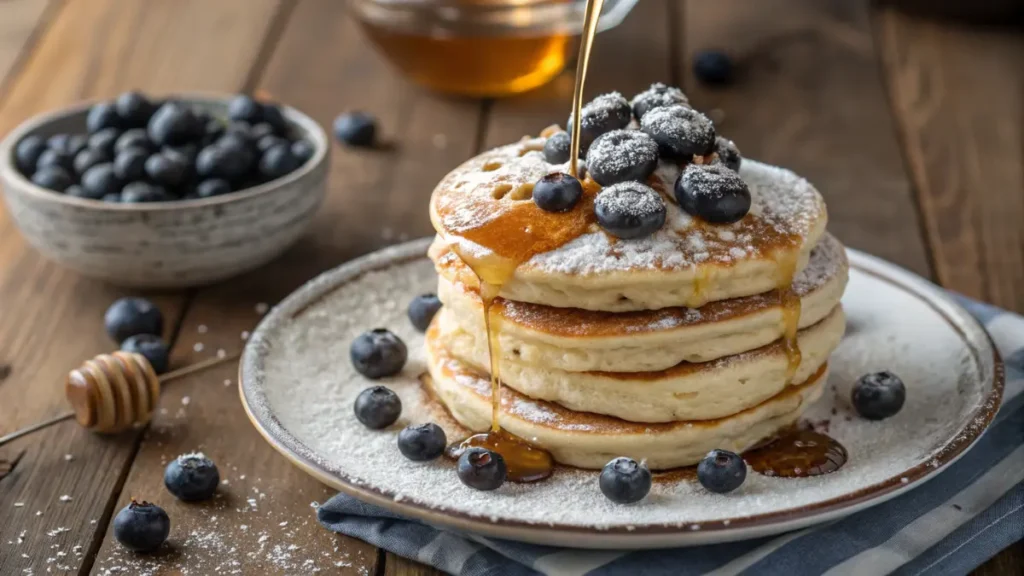 A stack of fluffy Blueberry Pancakes with Honey drizzled with golden honey, topped with fresh blueberries and a dusting of powdered sugar, served on a rustic wooden table with a cozy breakfast vibe