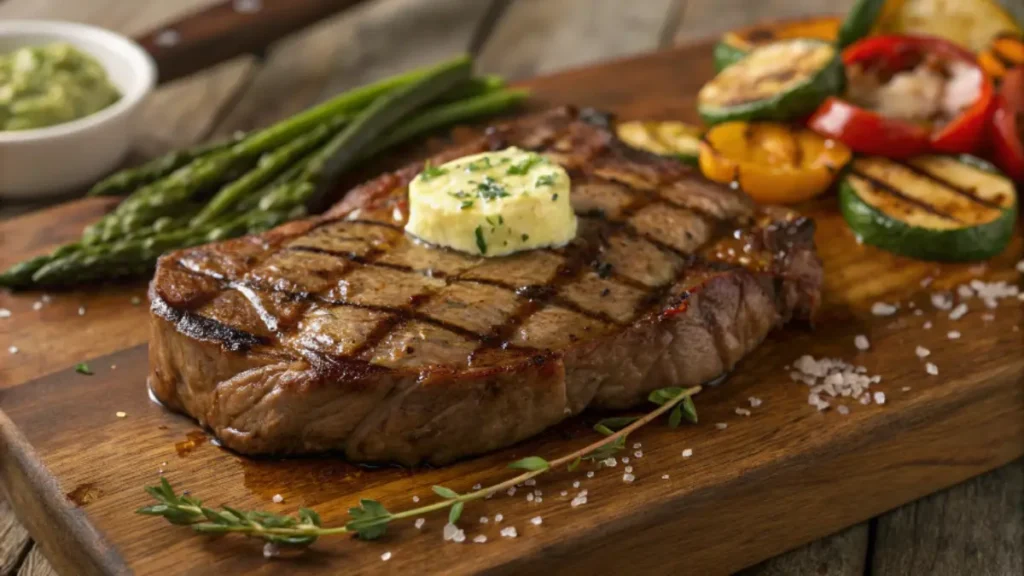 perfectly grilled ribeye steak with grill marks, topped with melting garlic herb butter, served on a rustic wooden board with a side of grilled vegetables.