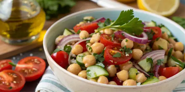A bowl of Mediterranean chickpea salad with cucumbers, tomatoes, olives, and feta.