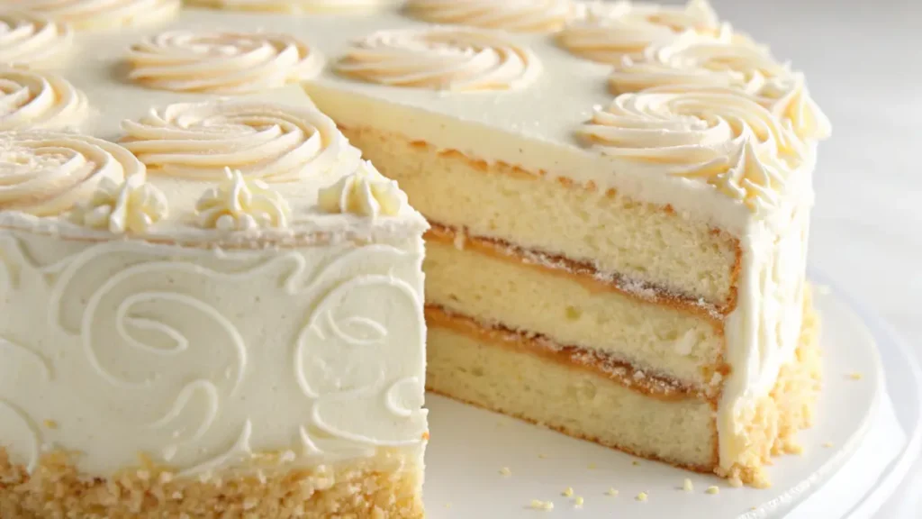 A classic vanilla cake with creamy frosting, topped with delicate swirls of buttercream and a few sprinkles, served on a white cake stand in a bright and cozy kitchen setting