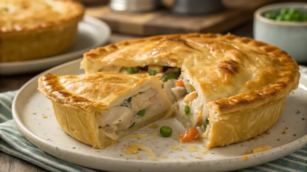 Golden brown chicken pie with a flaky crust, on a plate cut to reveal a creamy chicken and vegetable filling.