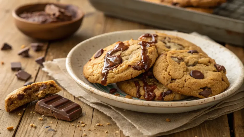 A plate of thick, golden-brown chocolate chip cookies with melted chocolate, sitting on a rustic wooden table with a cozy vibe.