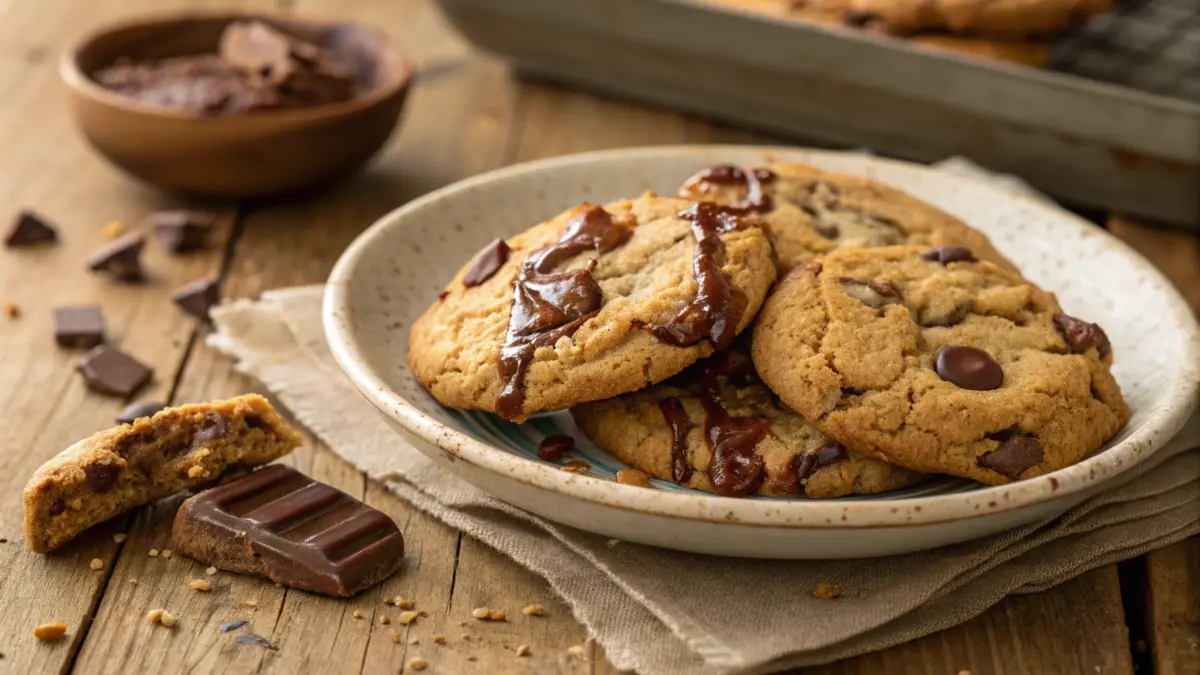 A plate of thick, golden-brown chocolate chip cookies with melted chocolate, sitting on a rustic wooden table with a cozy vibe.
