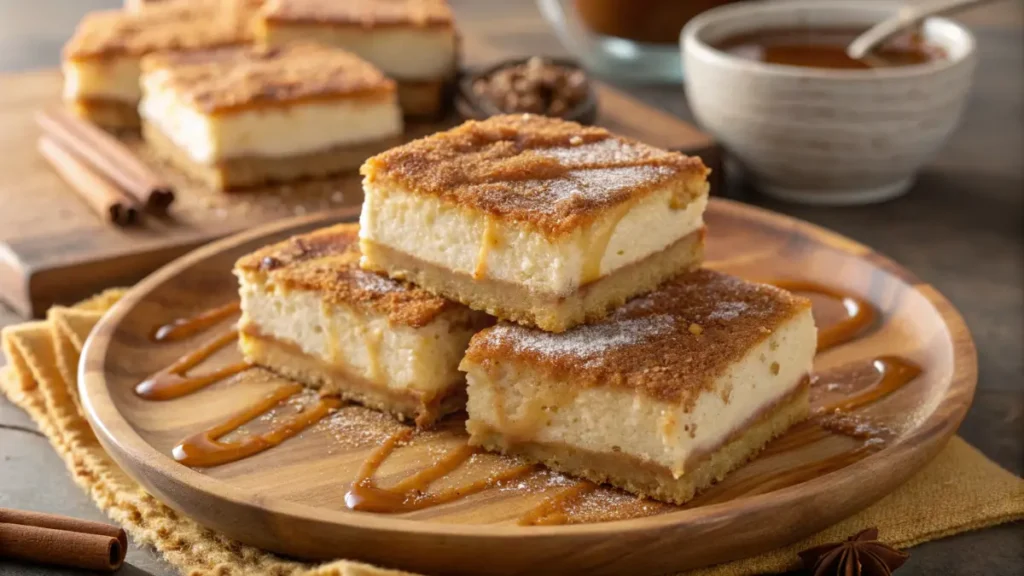 Golden-brown churro cheesecake squares layered with creamy filling, dusted with cinnamon sugar, and drizzled with caramel, served on a wooden plate with a cozy, rustic background.