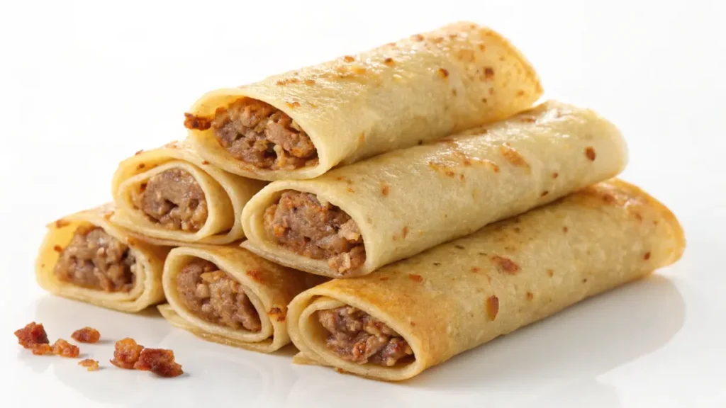 A close-up photo of four golden-brown Crispitos stuffed with seasoned ground meat, neatly rolled and stacked on a white background.