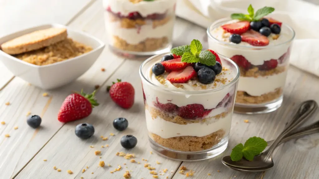 Layered dessert cups with cookie crumbs, creamy filling, and fresh berries, garnished with whipped cream and a sprig of mint, served in clear glass cups on a wooden table with soft, natural lighting.