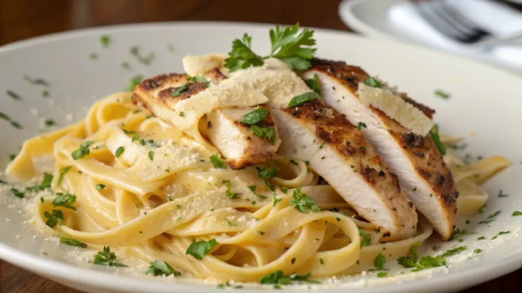 A plate of creamy fettuccine Grilled Chicken Alfredo strips, garnished with parsley, served with a side of Parmesan cheese.