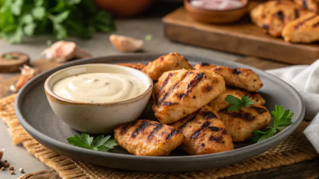 A plate of juicy grilled chicken nuggets with char marks, served alongside a creamy dipping sauce in a rustic setting.