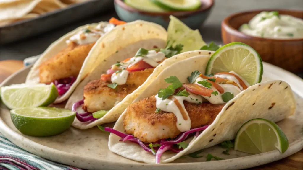 A platter of halibut tacos with golden fish, vibrant slaw, creamy sauce, and fresh lime wedges, served on warm tortillas.