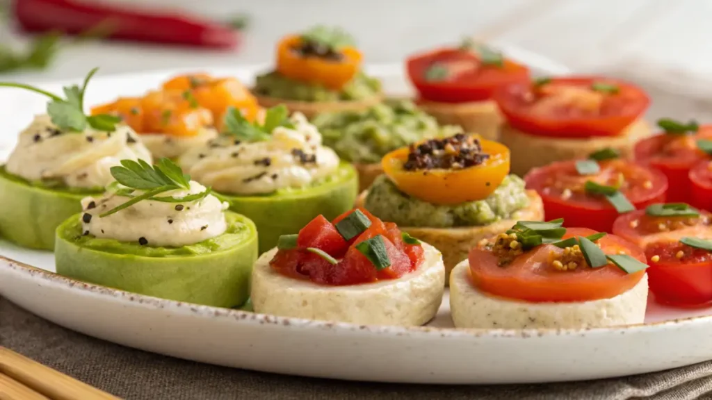 A close-up of an elegant appetizer platter featuring gluten-free and dairy-free canapés. The vibrant bites include cucumber slices topped with creamy hummus and black pepper, mini rice cakes with tomato bruschetta