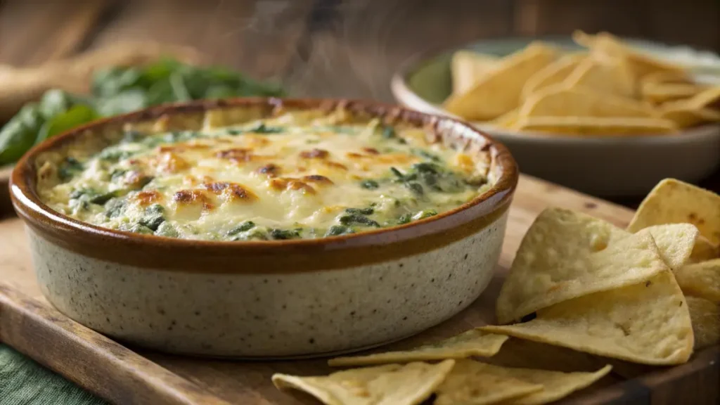 A bubbling spinach artichoke dip without mayo with golden cheese, served in a rustic baking dish with tortilla chips on the side.