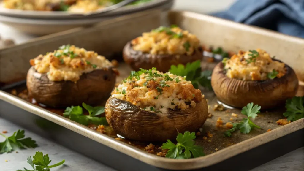 A tray of golden stuffed mushrooms, topped with crispy breadcrumbs and parsley, served warm and ready to enjoy.