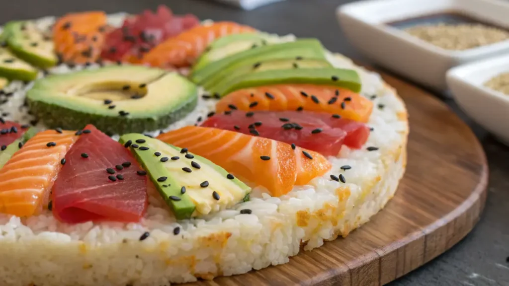 A crispy rice crust topped with fresh salmon, avocado, crab, nori strips, and sesame seeds, arranged like a pizza with vibrant colors.