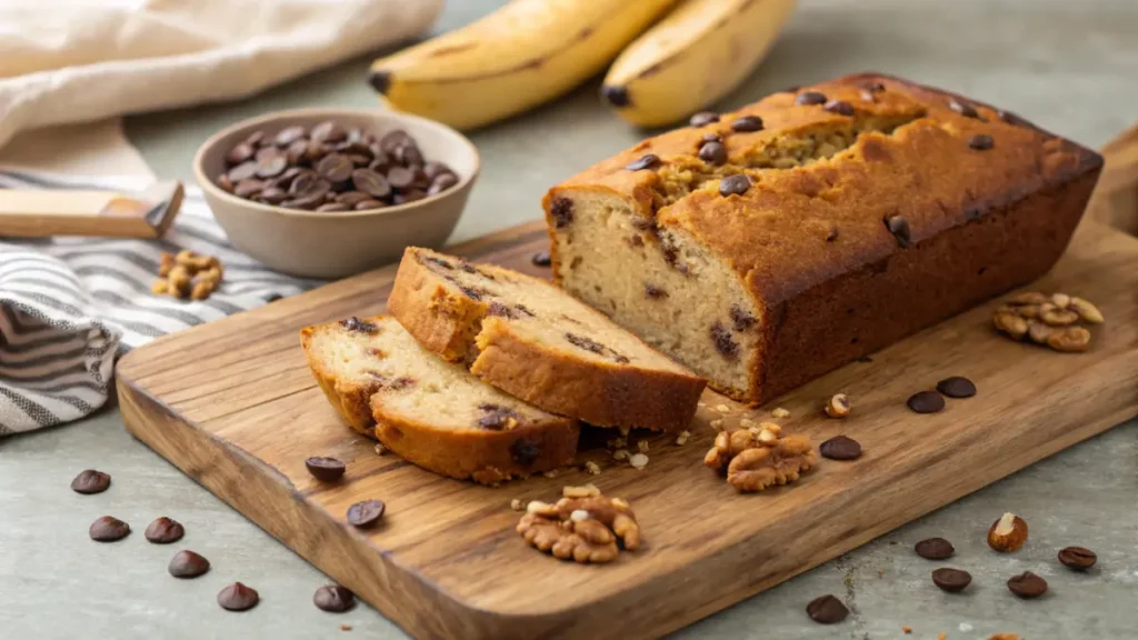 A golden loaf of banana bread on a rustic wooden board, sliced to reveal moist texture, with chocolate chips and nuts scattered around for garnish.
