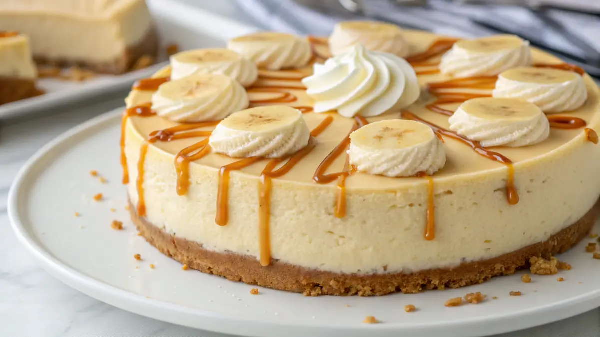 A luscious banana cheesecake with a smooth surface, topped with whipped cream, fresh banana slices, and caramel drizzle on a white plate.