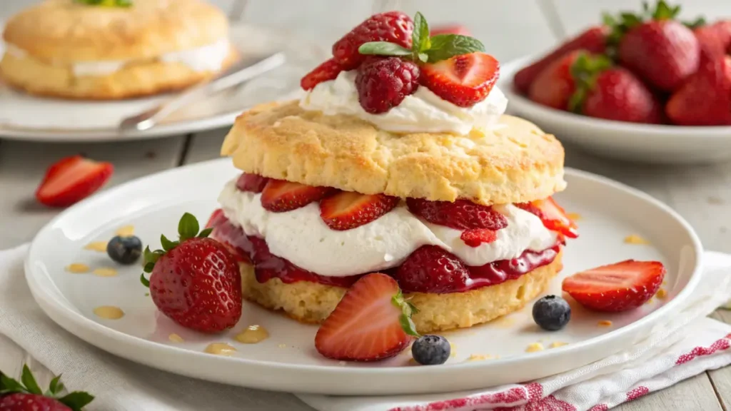 A golden Bisquick strawberry split open and layered with juicy strawberries and whipped cream, sitting on a white plate with fresh berries scattered around.