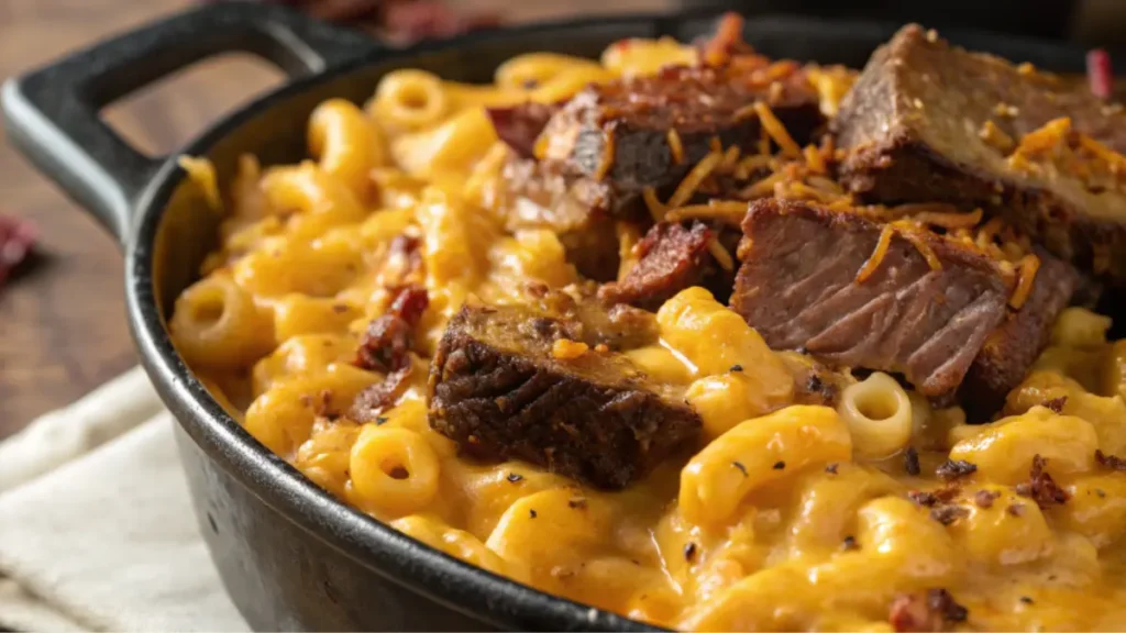 A creamy bowl of mac and cheese topped with tender, smoky brisket and garnished with fresh parsley
