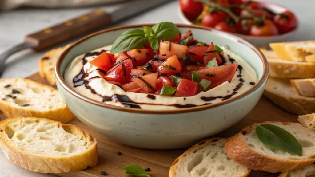 A bowl of creamy Bruschetta Dip topped with vibrant red tomatoes, fresh basil, and a drizzle of balsamic, surrounded by toasted baguette slices.