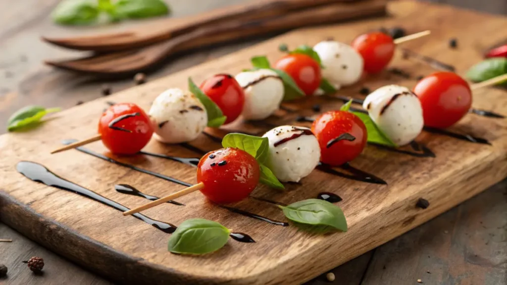Close-up of Caprese skewers with cherry tomatoes, mozzarella balls, and basil, drizzled with balsamic glaze on a rustic wooden serving board.
