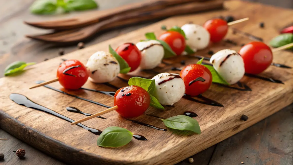Close-up of Caprese skewers with cherry tomatoes, mozzarella balls, and basil, drizzled with balsamic glaze on a rustic wooden serving board.