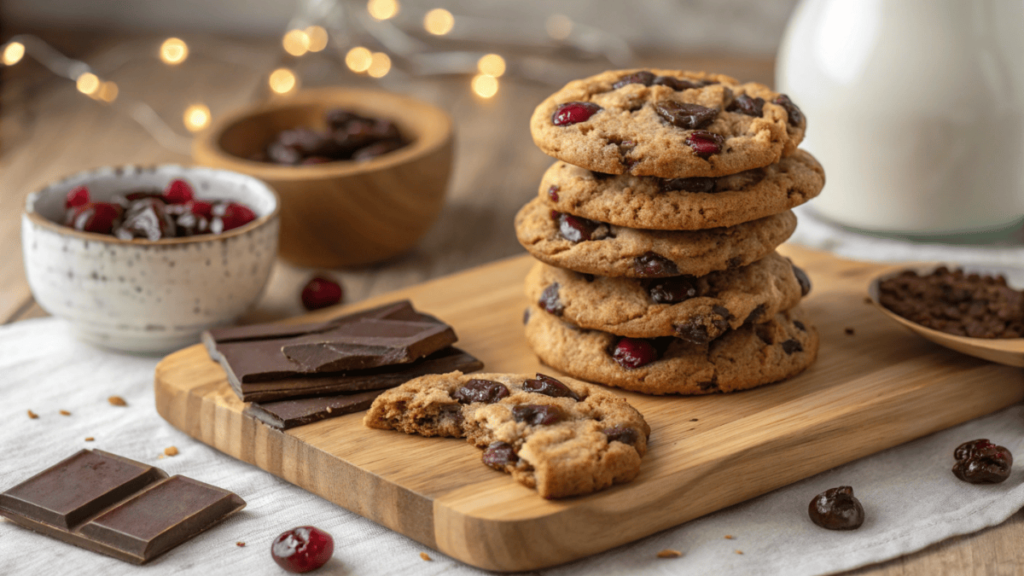 A stack of cherry chocolate chip cookies with melted chocolate and chunks of dried cherries, set on a wooden board with a cozy backdrop.