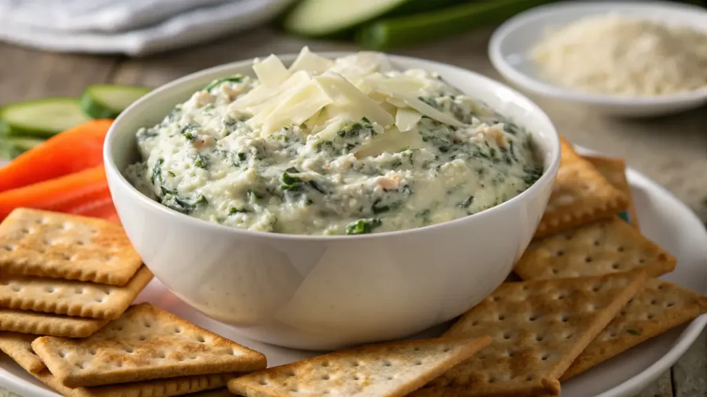 A chilled Cold Spinach Artichoke Dip in a white bowl, garnished with grated Parmesan and surrounded by crackers and sliced veggies.