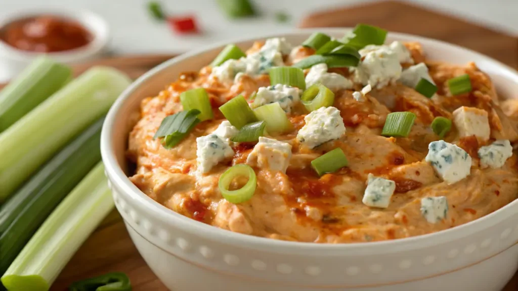 A bowl of creamy Cottage Cheese Buffalo Chicken Dip topped with crumbled blue cheese and chopped green onions. Fresh celery sticks sit on the side, ready for dipping, creating a colorful and appetizing presentation.