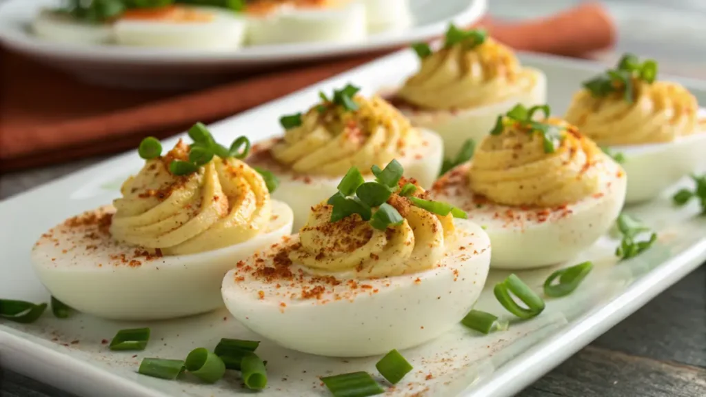 Close-up of perfectly filled deviled eggs, topped with a sprinkle of paprika and fresh chives, arranged on a white plate.