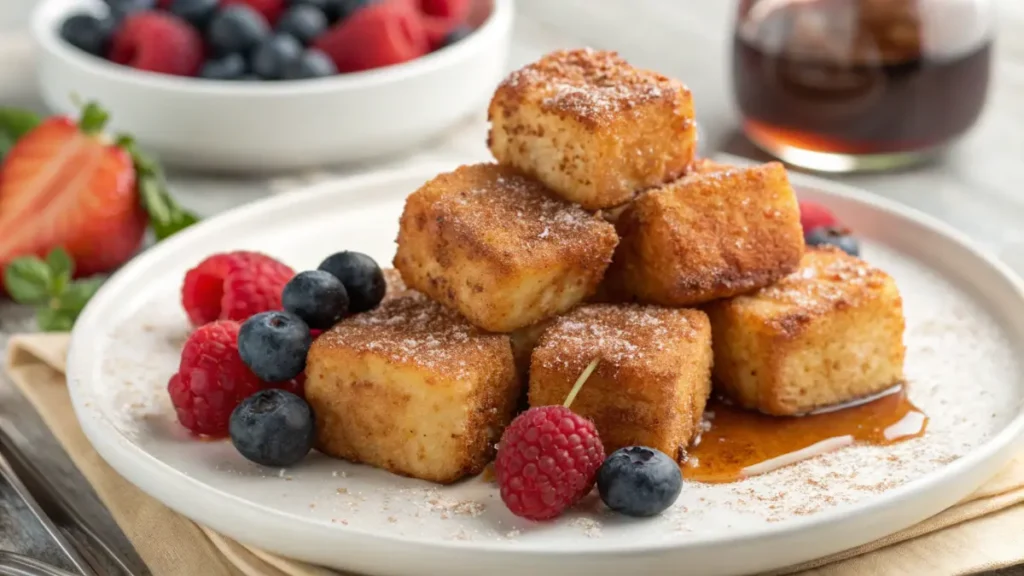 Close-up of golden-brown French Toast Bites coated in cinnamon sugar, served on a white plate with fresh berries and a drizzle of maple syrup.