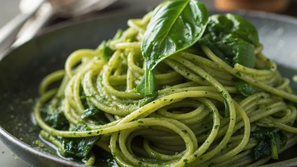 A plate of vibrant green spaghetti coated in a creamy sauce made with fresh herbs, spinach, or poblano peppers, garnished with grated cheese and a sprinkle of fresh parsley