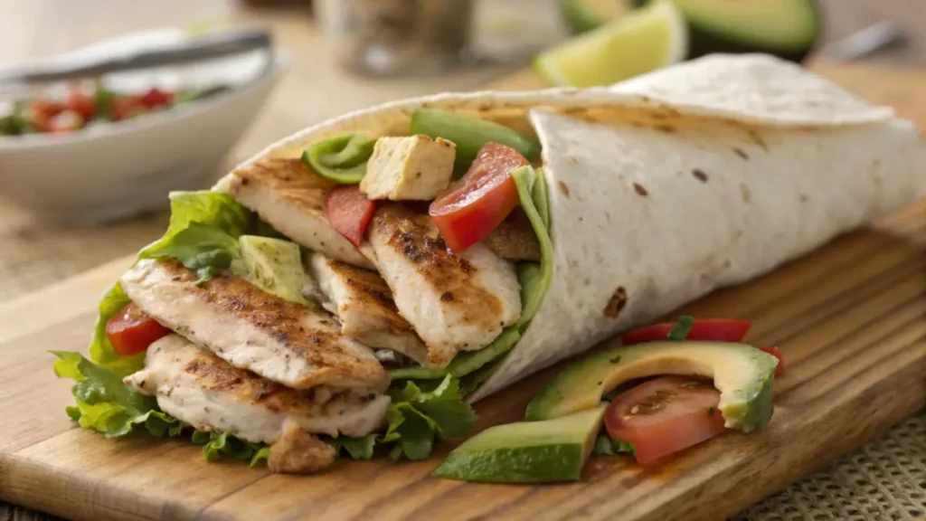 Close-up of a grilled chicken wrap sliced in half, showing juicy chicken, fresh veggies, and creamy sauce wrapped in a golden tortilla.