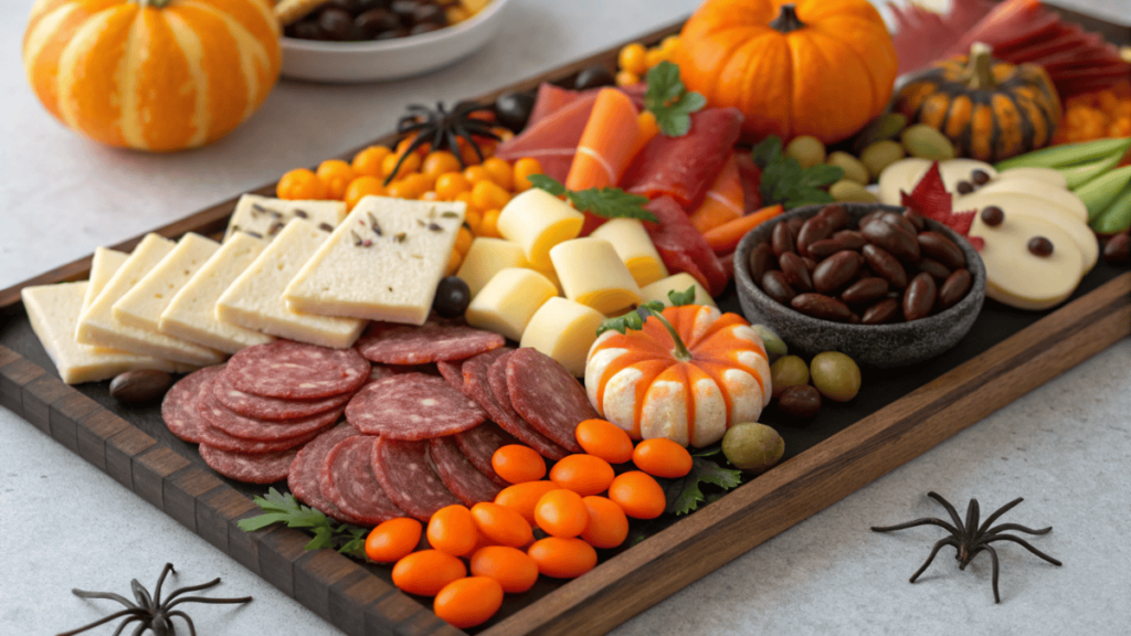 A festive Halloween charcuterie board featuring cheeses, cured meats, veggies, candy, and chocolate, decorated with small pumpkins and plastic spiders for a spooky effect.