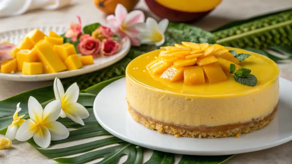 A vibrant mango mousse cake with a shiny glaze and fresh mango slices on top, served on a white plate with tropical flowers around.