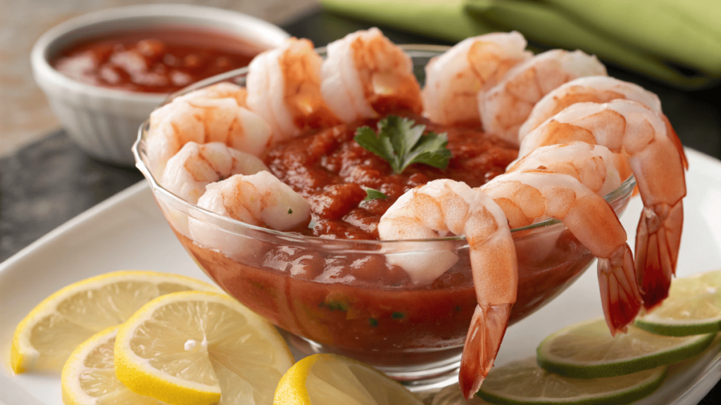 A glass bowl filled with vibrant red cocktail sauce, garnished with a parsley leaf in the center, surrounded by neatly arranged plump shrimp. Lemon and lime slices are placed on the side for added freshness