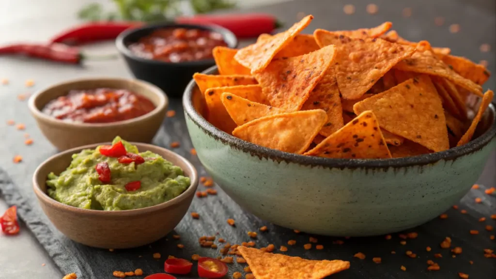 A bowl of vibrant orange tortilla chips dusted with Spicy Nacho Doritos seasoning, surrounded by small bowls of salsa and guacamole.