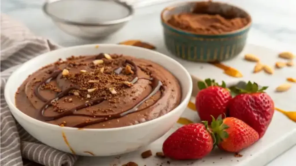 A rich, creamy bowl of chocolate hummus, garnished with a drizzle of maple syrup, a sprinkle of cocoa powder, and fresh strawberries on the side for dipping.