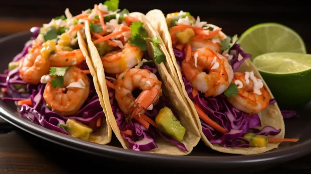 delicious Coleslaw for shrimp tacos served in soft corn tortillas. The tacos are filled with grilled shrimp, shredded purple cabbage, carrots, avocado chunks, and fresh cilantro.