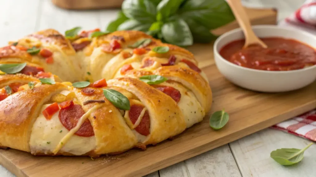 Golden crescent roll pizza ring with melted mozzarella, pepperoni, and colorful toppings, garnished with fresh basil, served on a wooden board with marinara sauce on the side.