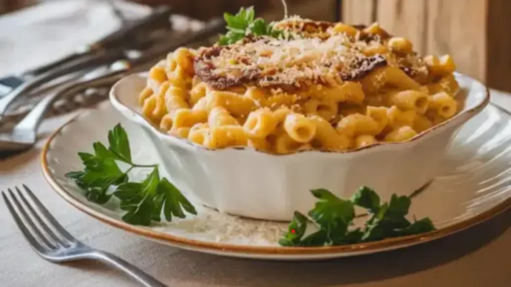 a bowl of creamy French Onion Soup Mac and Cheesetopped with a crispy, caramelized cheese crust, served in an elegant white dish with gold trim.