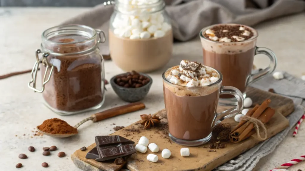 A cozy arrangement featuring three variations of hot chocolate: a jar of homemade hot chocolate powder, a glass mug of hot chocolate milk topped with marshmallows, and a classic hot chocolate mug garnished with whipped cream and chocolate shavings. The setup includes cocoa powder, dark chocolate chunks, cinnamon sticks, and star anise on a rustic wooden board.