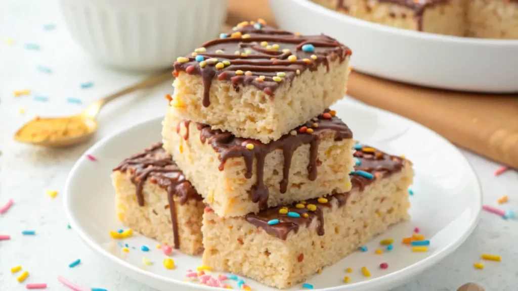 Golden marshmallow Rice Krispie treats stacked on a white plate, with a drizzle of melted chocolate and colorful sprinkles, set on a bright, cheerful countertop.
