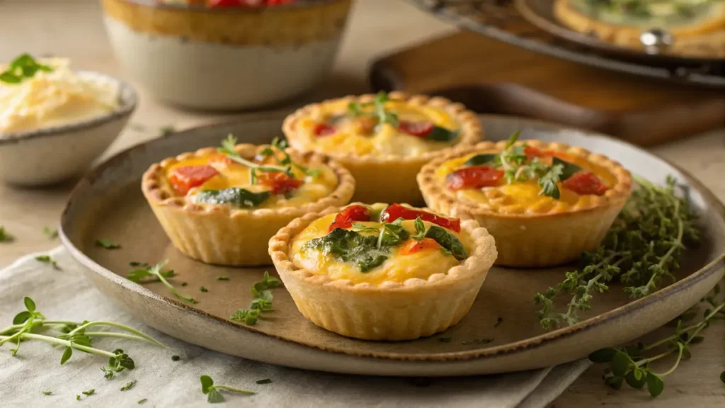 Golden mini quiches filled with veggies and cheese, arranged on a rustic plate, with fresh herbs sprinkled on top, set against a warm, cozy kitchen counter