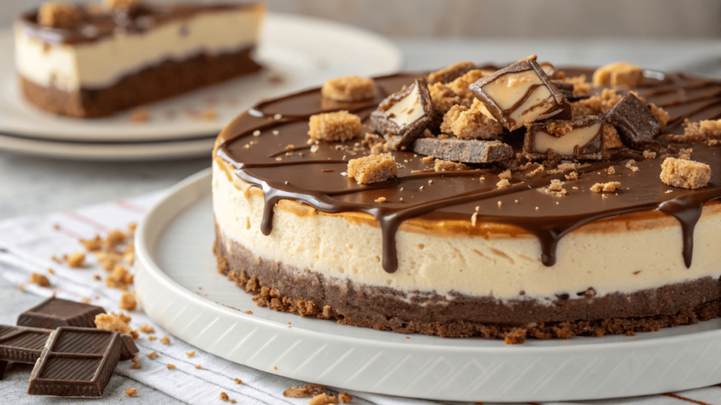 A creamy no-bake Twix cheesecake with a cookie crust, caramel cheesecake filling, and a shiny chocolate topping, garnished with caramel drizzle and cookie crumbs.