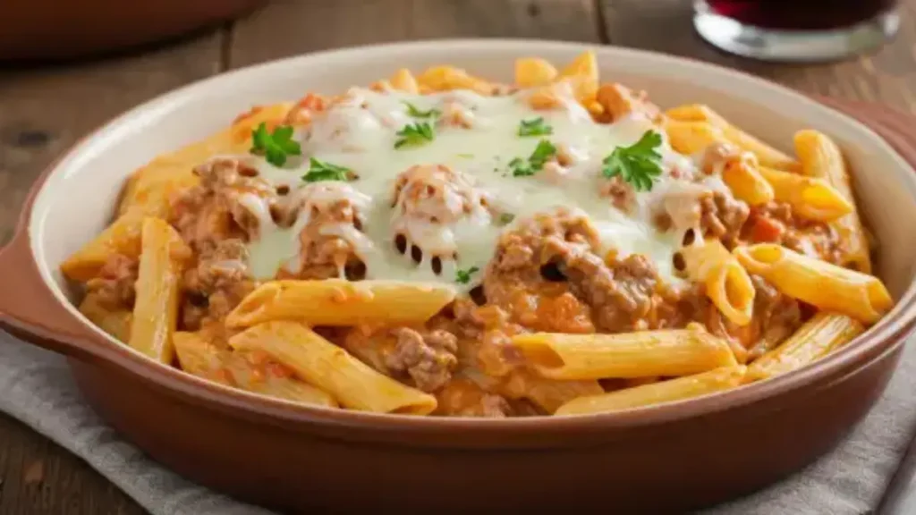 A creamy Philly cheesesteak pasta dish with tender beef strips, sautéed peppers, onions, and pasta, topped with melted cheese and parsley.