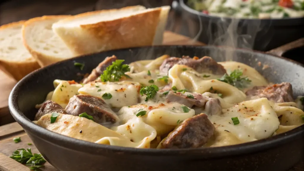 A skillet of cheesy Philly cheesesteak tortellini loaded with tender beef, sautéed peppers and onions, and a creamy sauce, garnished with parsley.