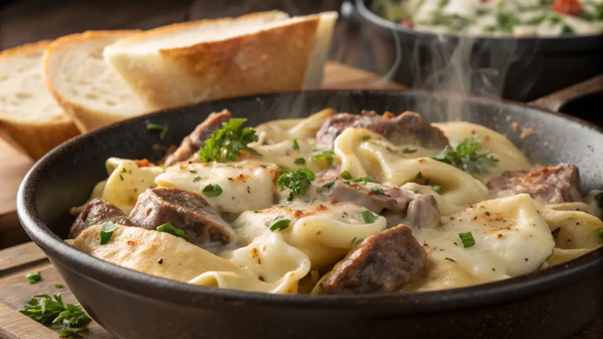 A skillet of cheesy Philly cheesesteak tortellini loaded with tender beef, sautéed peppers and onions, and a creamy sauce, garnished with parsley.