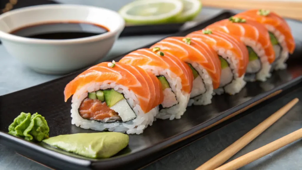 Close-up of neatly sliced salmon roll sushi with vibrant orange salmon, creamy avocado, and crisp cucumber, served on a sleek black plate with soy sauce and wasabi on the side.