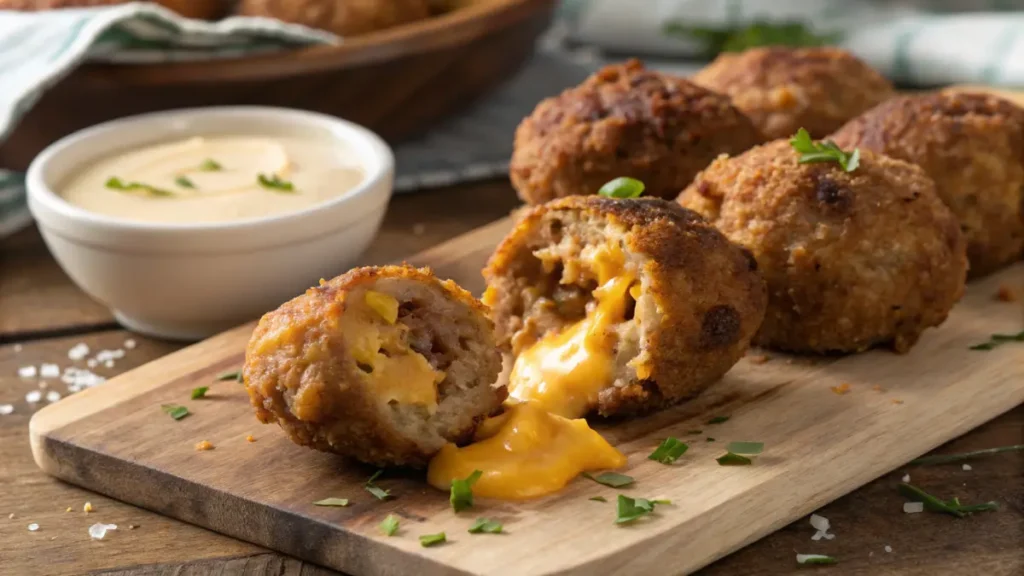 Close-up view of golden-brown sausage balls, crispy on the outside with melty cheese oozing out, served on a rustic wooden board with a creamy dipping sauce.