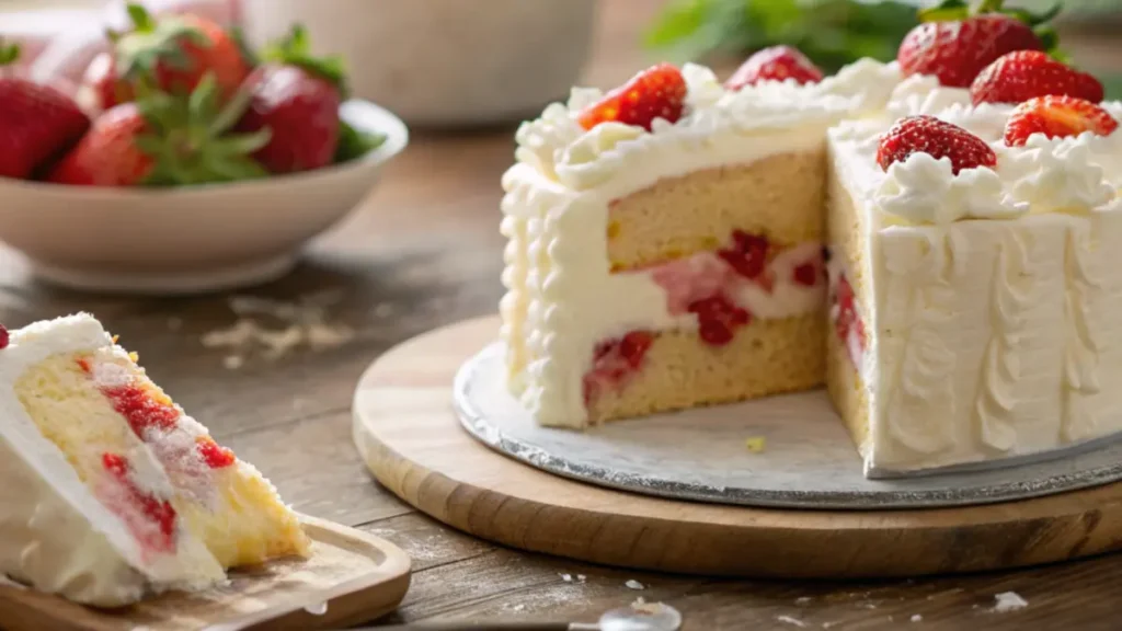 A Perfect Strawberry Smash Cake with two layers of fluffy yellow sponge cake, filled with whipped cream and fresh strawberries.